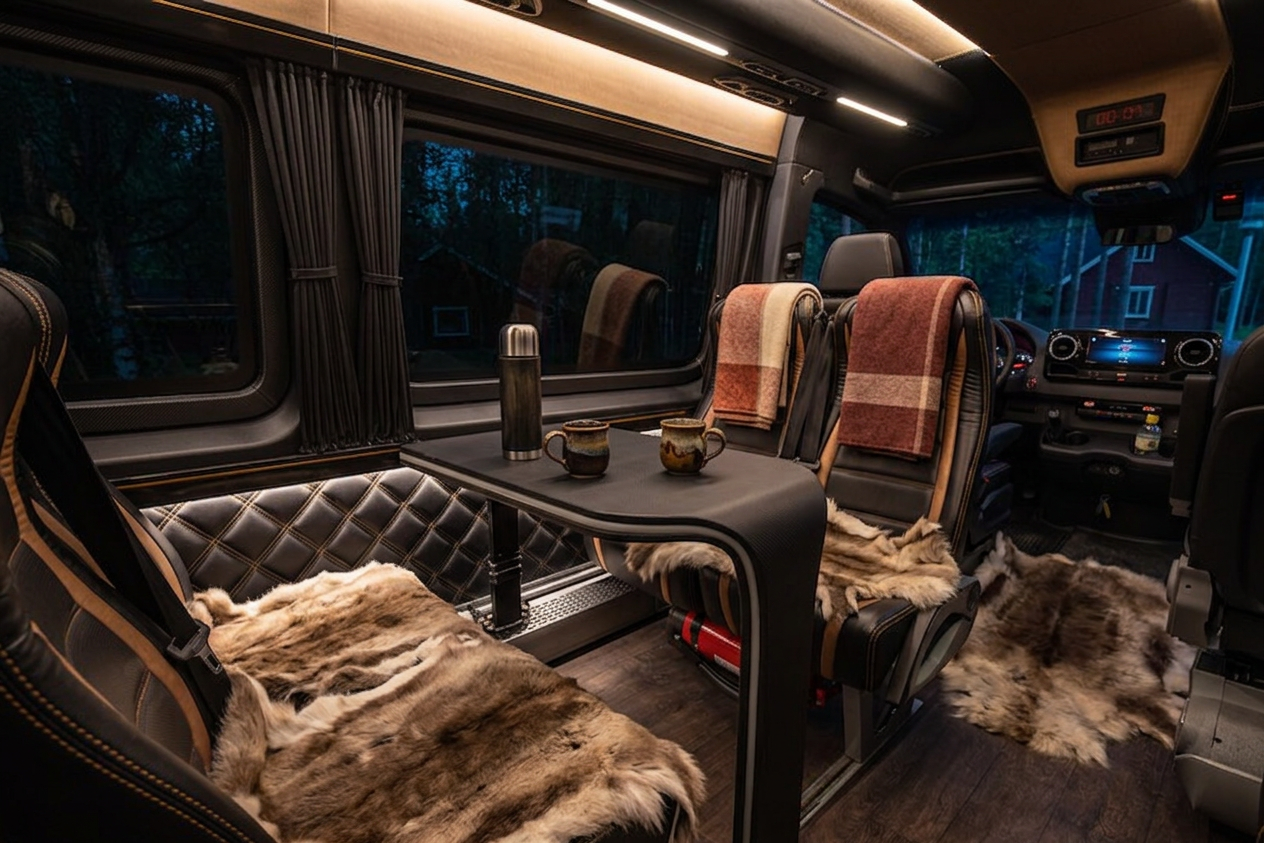 The warm, curtained interior of a Vulpes Aurora touring van.