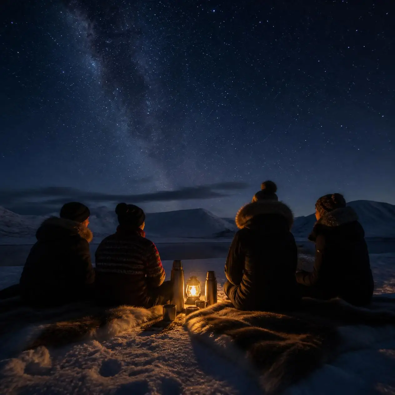 Guests seated on reindeer hides under a dark Arctic night sky during a Vulpes Aurora evening.