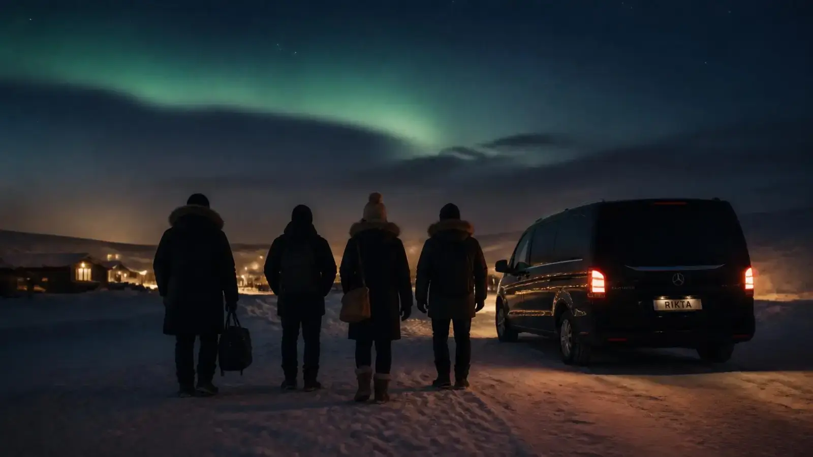 Guests returning to the van after a Vulpes Aurora evening under the northern lights.