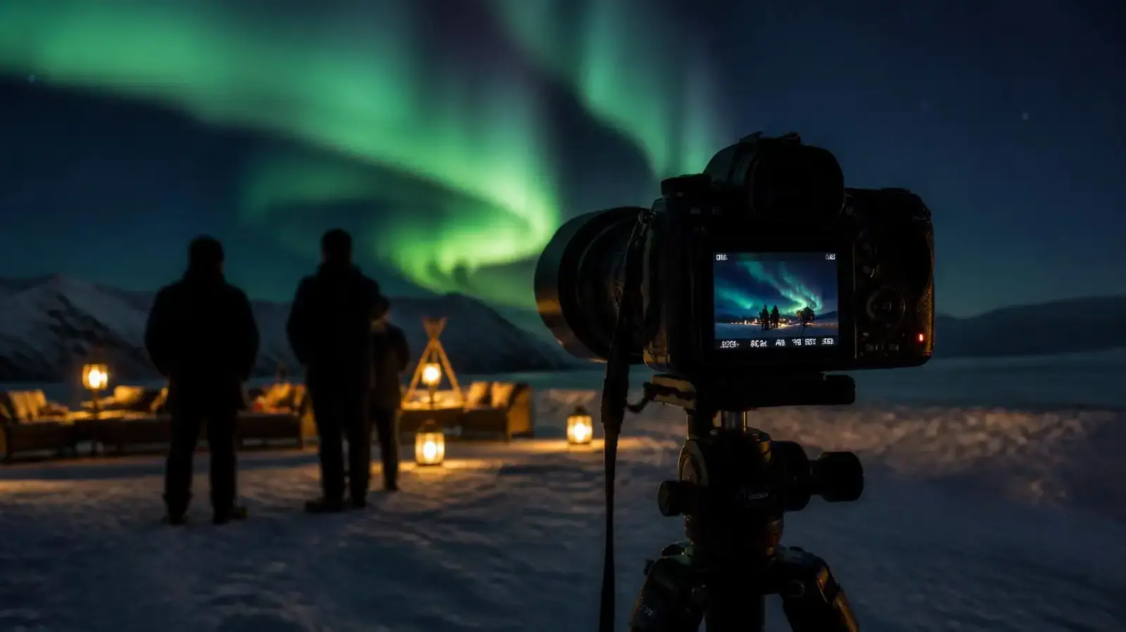 A guide photographing the aurora and the evening for guests to keep.