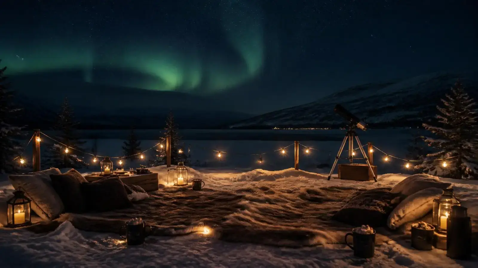 The outdoor lounge setup at a Vulpes Aurora viewing location near Rovaniemi.