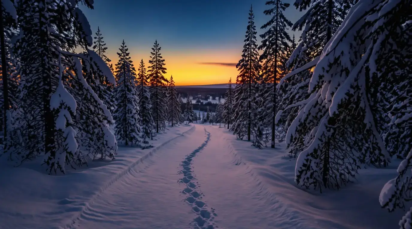 A snowy path with footprints leading through a Lapland forest toward the twilight horizon.