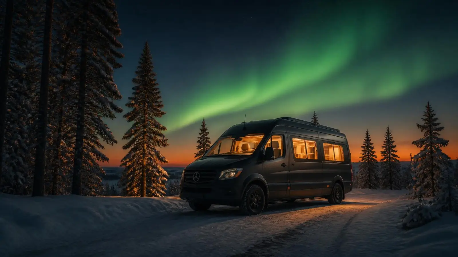 A Vulpes Aurora tour van parked under an early aurora glow near Rovaniemi, Lapland.