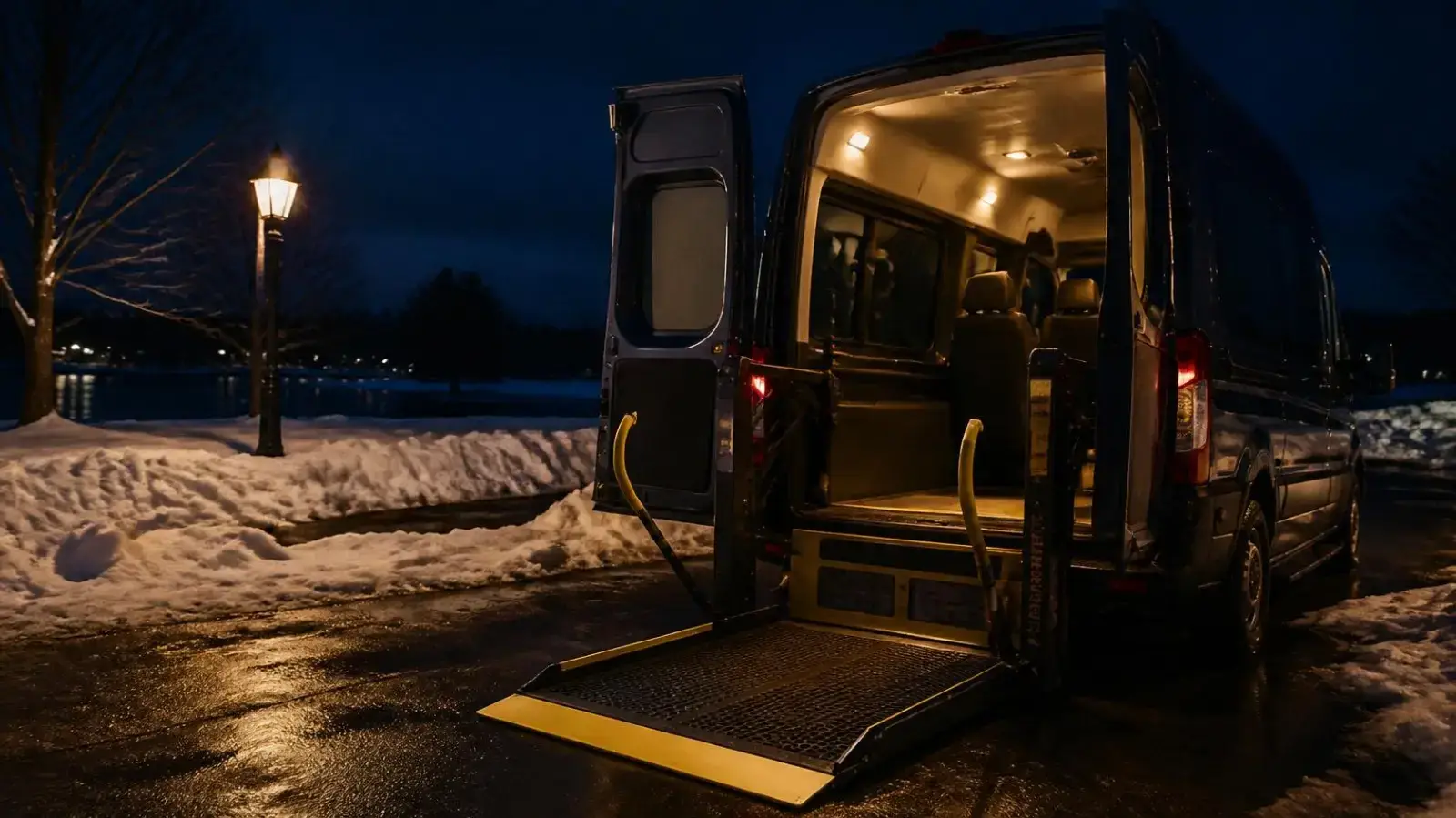 A wheelchair-accessible lift on a Vulpes Aurora touring van.